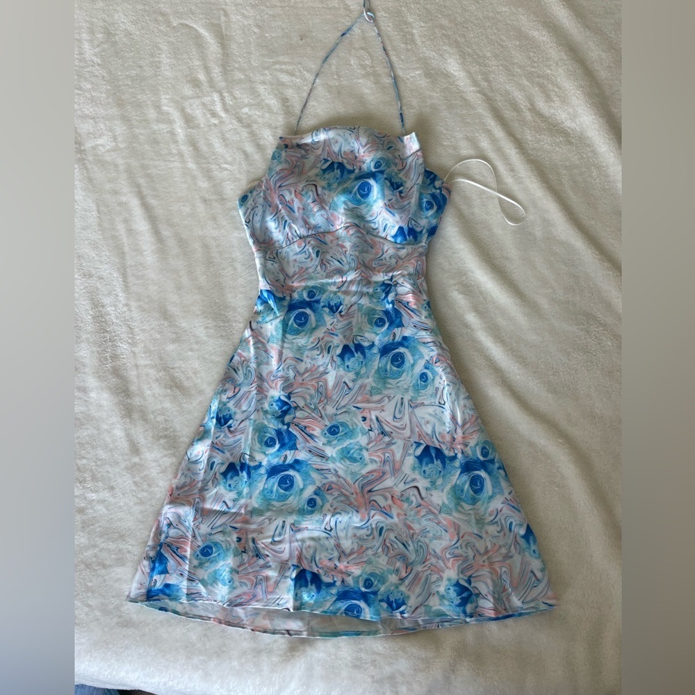 NIA The Brand Satin Floral Mini Halter Dress